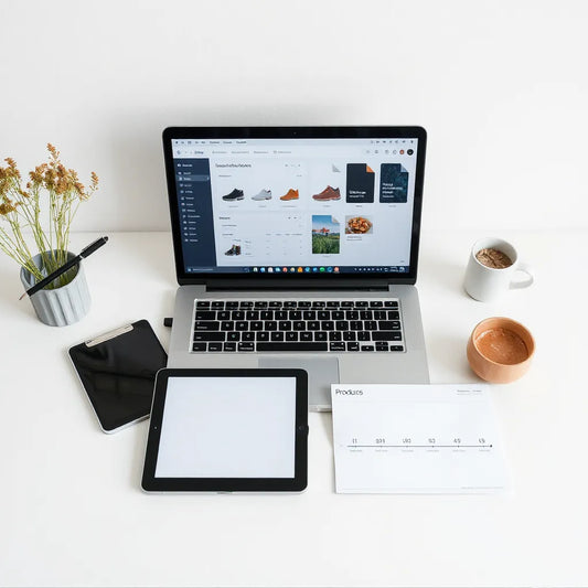Minimal workspace with laptop showing a digital product workflow dashboard and mockup cards