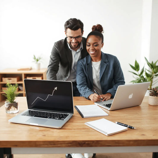 Entrepreneurs reviewing business growth performance on a laptop with an upward trend graph