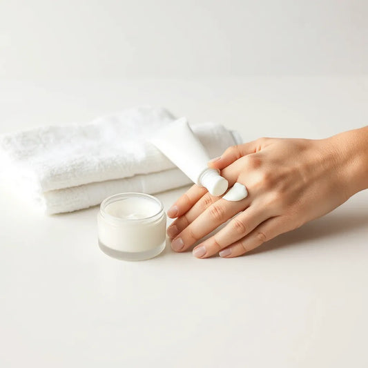 Moisturizing hand cream jar and tube beside a hand applying cream for soft, hydrated skin