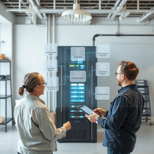 Business team reviewing holographic workflow connections over a server rack in a clean operations room