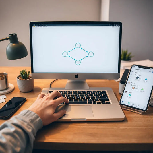 Laptop and smartphone beside a clean workflow diagram suggesting AI-driven automation