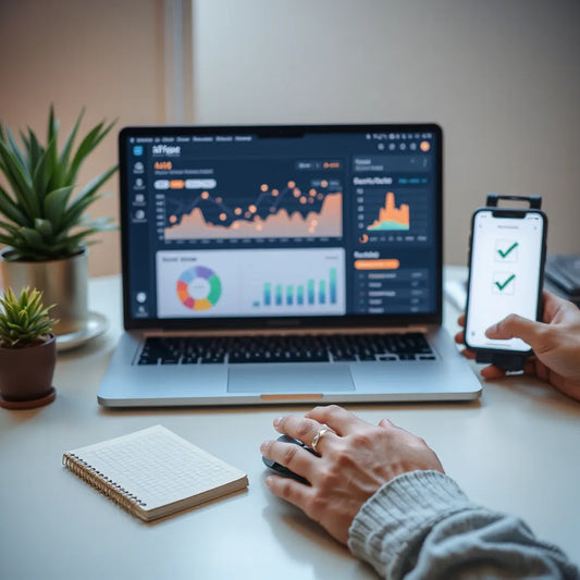 Entrepreneur using a laptop with an abstract AI business dashboard in a clean modern workspace