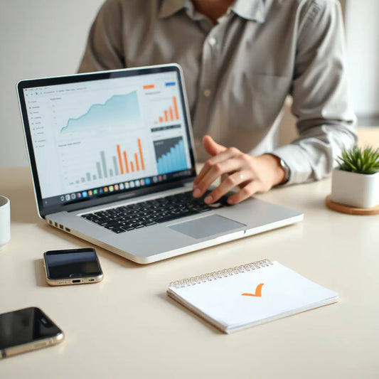 Entrepreneur reviewing clean analytics dashboards on a laptop with charts and performance graphs