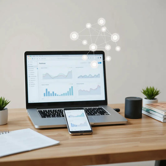 Laptop and phone connected to an abstract workflow network indicating automated business growth