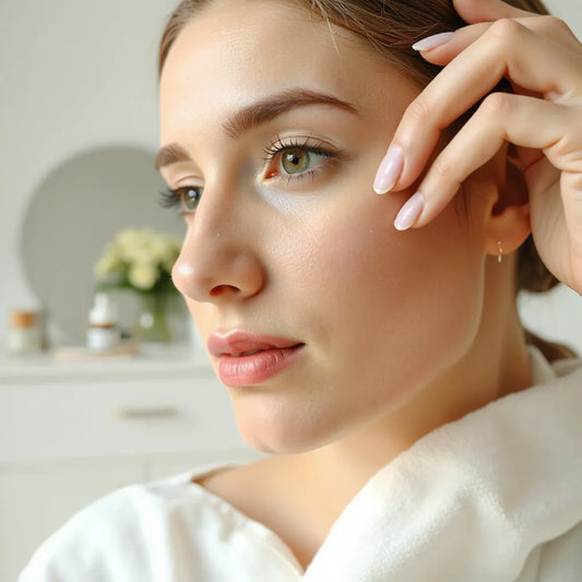 Hand applying anti-aging serum to a person’s cheek with smooth, well-lit skin