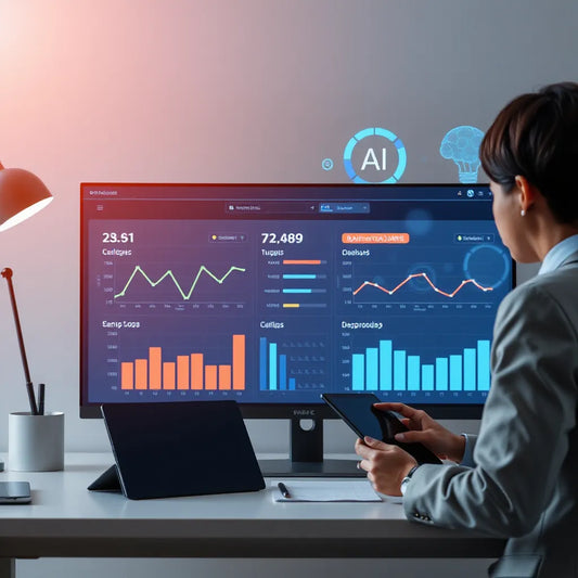 Business professional reviewing an AI analytics dashboard with charts on a modern monitor