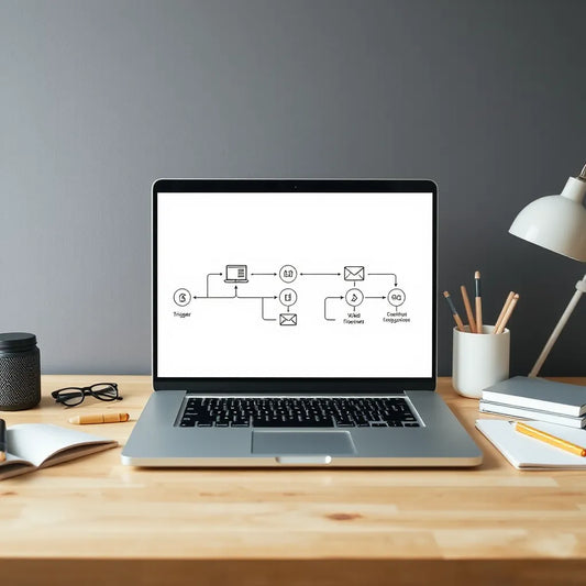 Laptop showing a clean automation flow diagram connecting web, database, and email systems