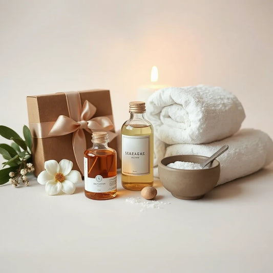 Elegant spa gift box with ribbon, rolled towels, and minimalist bath essentials on a bright neutral surface.