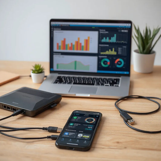 Laptop and phone displaying abstract analytics while automation devices sit on a clean desk