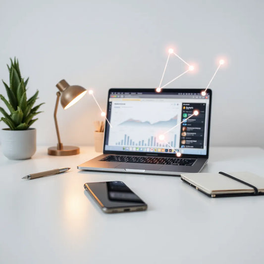 Minimal workspace with a laptop and linked glowing connections suggesting AI automation for tasks