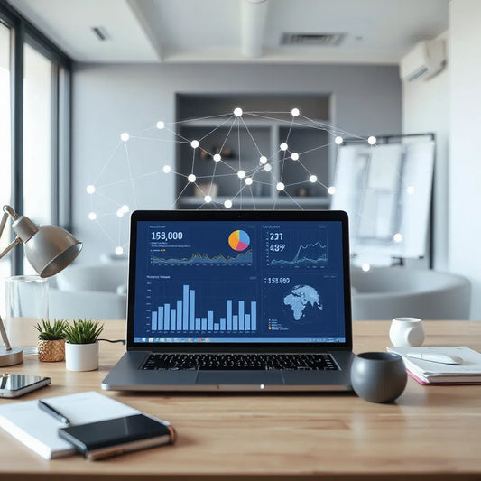 Laptop showing clean charts with a transparent holographic network overlay, suggesting AI-driven insights from data