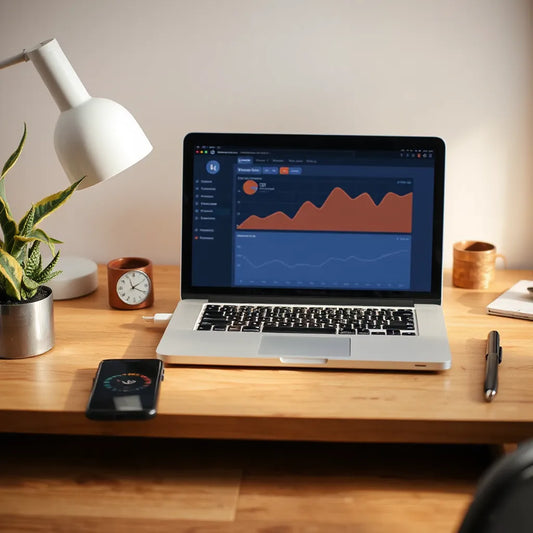 Person working at a laptop with an analytics-style dashboard in a bright modern workspace