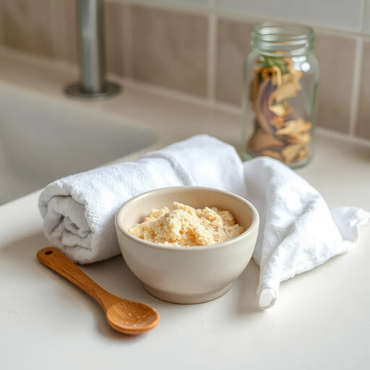 Bowl of natural exfoliating body scrub with a wooden spoon on a clean countertop