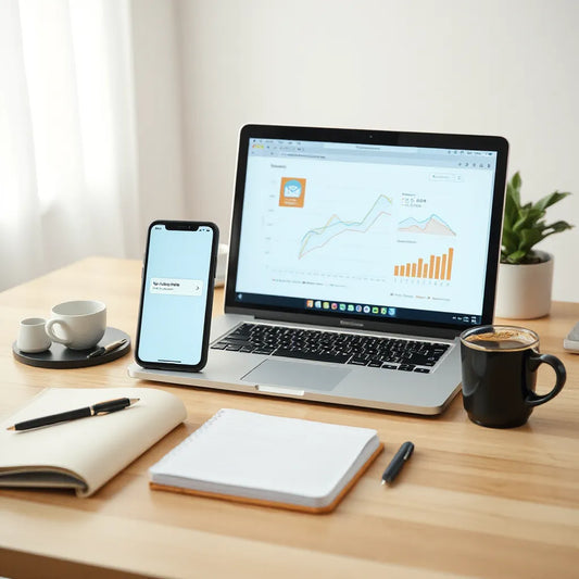 Minimal home office desk with laptop charts and smartphone progress indicating steady online earnings