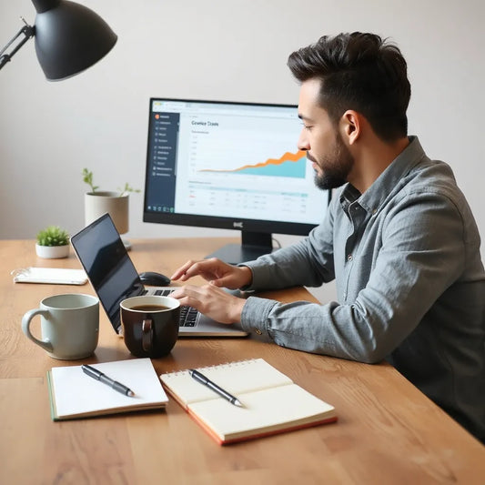 Small business owner reviewing laptop growth dashboard in a modern office setting