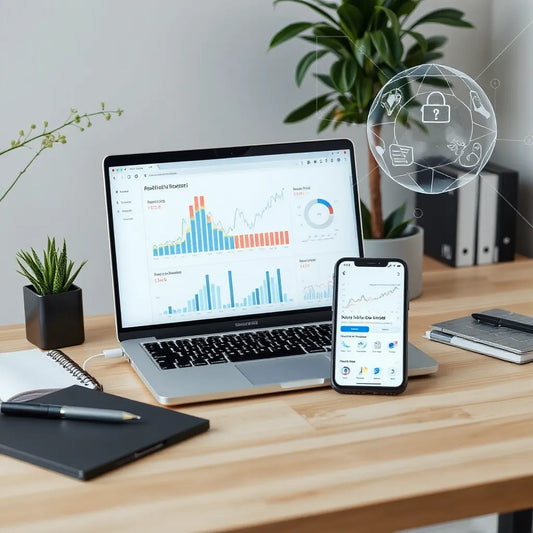 Laptop and smartphone showing analytics visuals, with subtle AI-style holographic UI elements on a modern desk