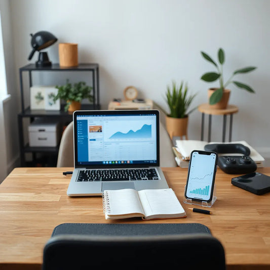 Person reviewing online business analytics on a laptop in a clean home office