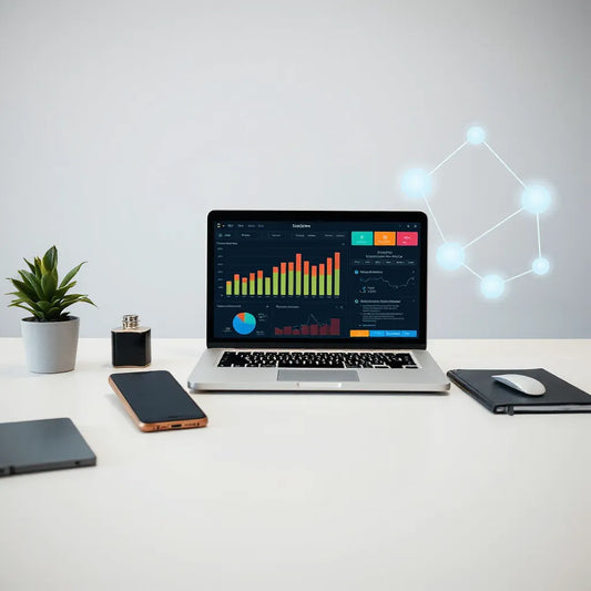Minimal desk setup with connected AI nodes around a laptop dashboard interface