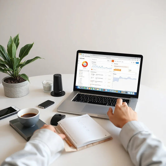 Person planning an online business launch with laptop dashboard and a checklist notebook on a clean desk