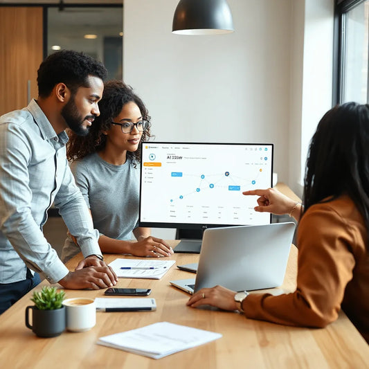 Startup team reviewing an AI workflow dashboard on a laptop at a modern workspace