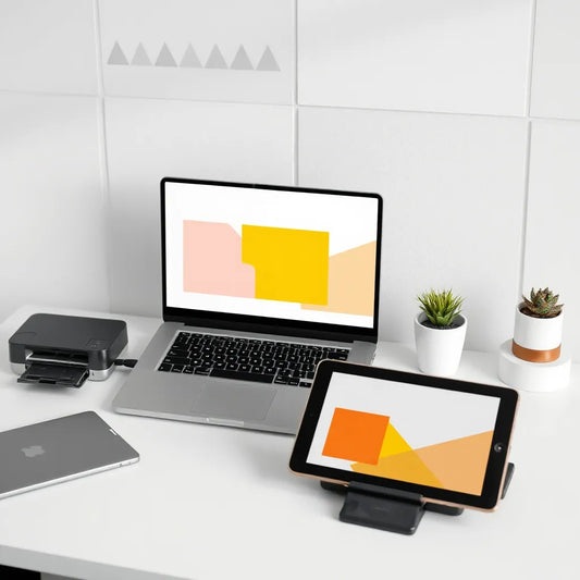Laptop and tablet on a desk showing clean, automated design mockups for layout work