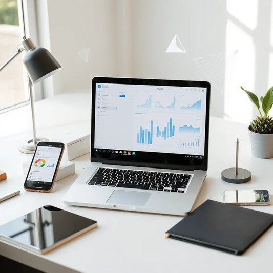 Laptop showing clean market research dashboards with charts beside a smartphone on a modern desk