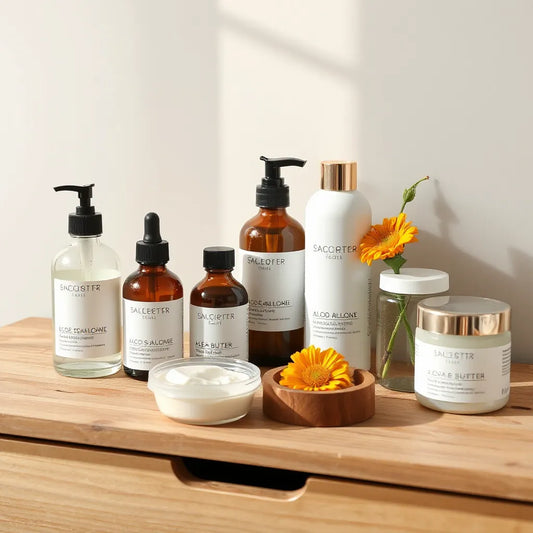 Eco-friendly skincare bottles and natural ingredients on a clean wooden vanity