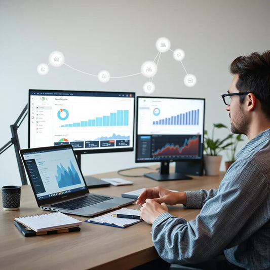 Marketing professional reviewing AI-driven growth charts on a laptop in a modern office
