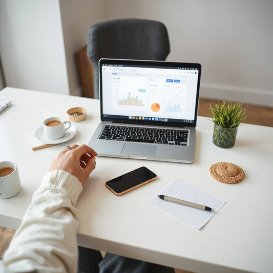 Small business owner using laptop and smartphone with abstract analytics dashboards on a clean desk