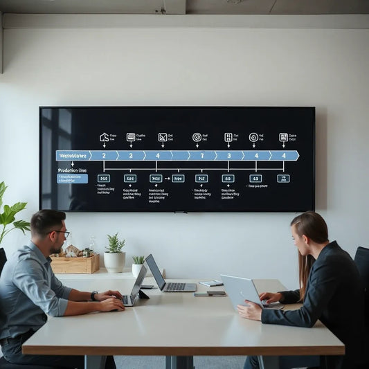 Team collaborating at a workstation with a clean workflow diagram on a screen