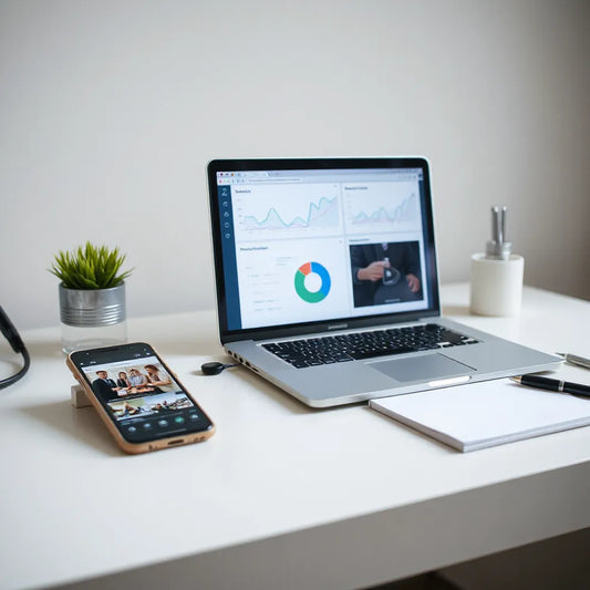 Laptop, tablet, and smartphone displaying clean video analytics dashboards and video thumbnails
