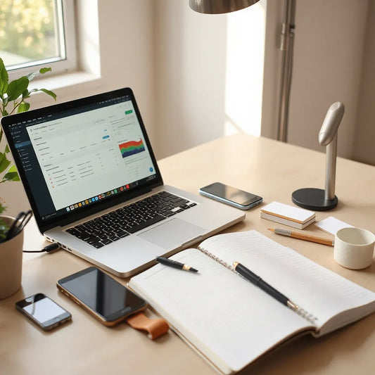 Minimal desk with laptop and smartphone showing generic planning dashboards for a side hustle