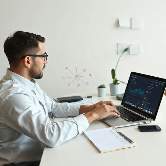 Entrepreneur reviewing AI-driven marketing analytics on a laptop with metrics on a smartphone