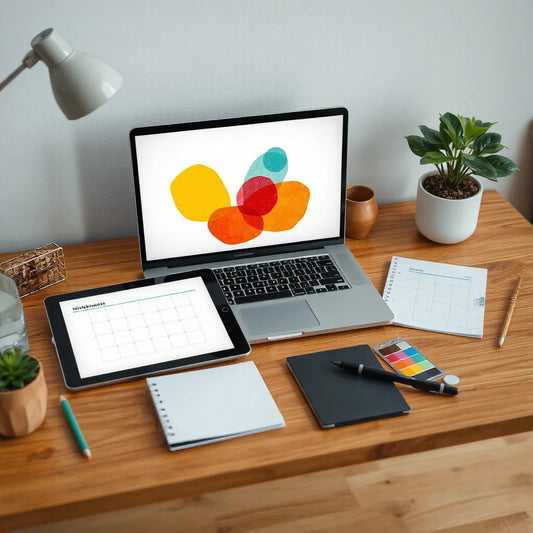 Modern workspace with laptop and tablet showing digital mockups and wireframes for building products