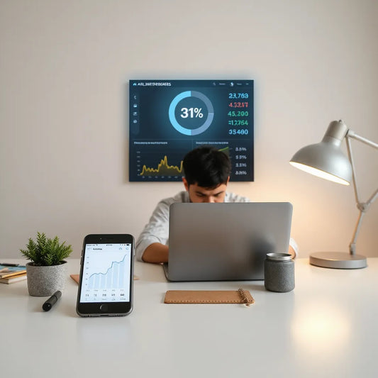 Entrepreneur using a laptop with a glowing AI dashboard to plan a faster product launch