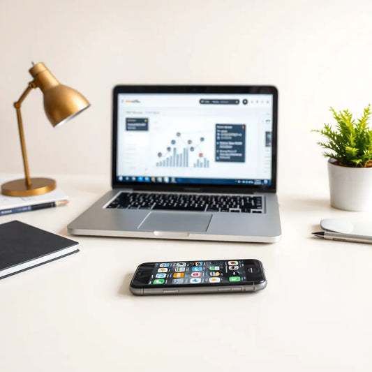 Laptop with an abstract workflow dashboard and connected devices in a modern business workspace