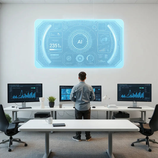 Person monitoring a centralized AI interface with glowing dashboards and connected displays