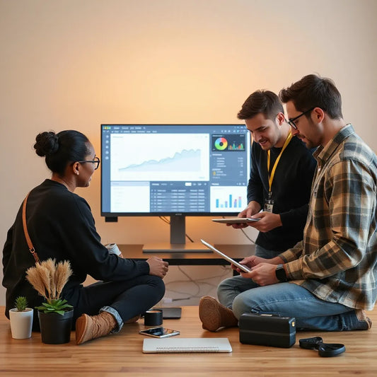 Team collaborating at a desk while viewing an AI-powered workflow dashboard on a laptop
