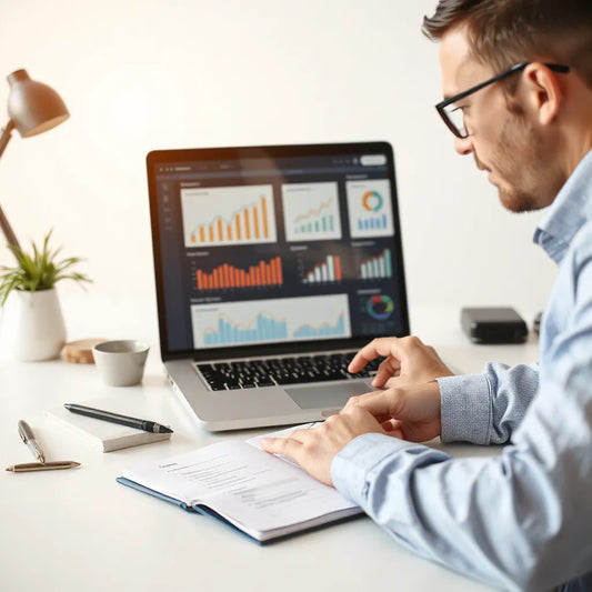 Small business owner reviewing financial charts on a laptop with organized profit documents