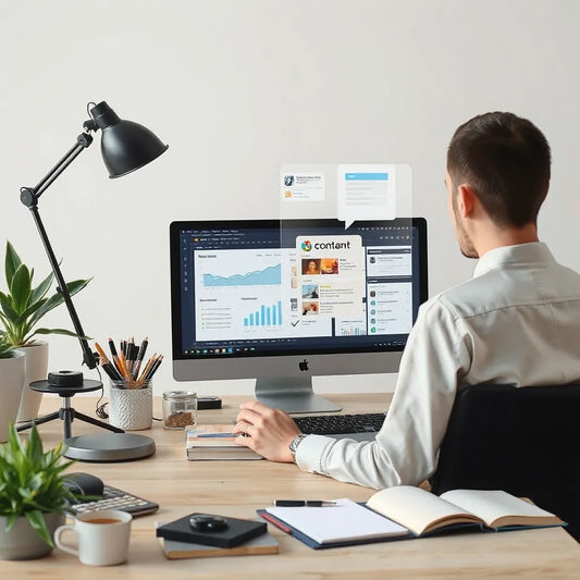 Person using a laptop with a content dashboard and floating writing and analytics panels