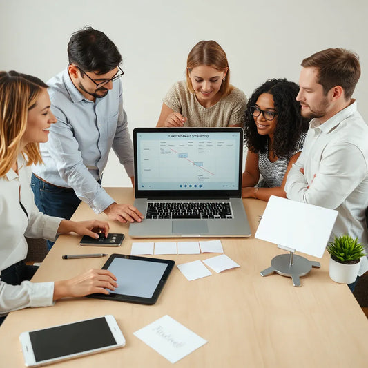 Team collaborating at laptops with a generic roadmap and wireframe components on screens