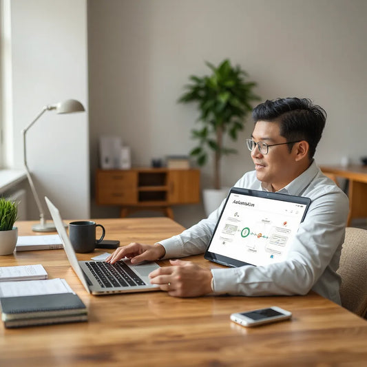 Person managing automated workflows on a laptop with connected process icons in a modern office