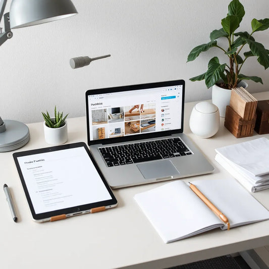 Minimal desk scene with laptop and tablet showing product planning for digital downloads