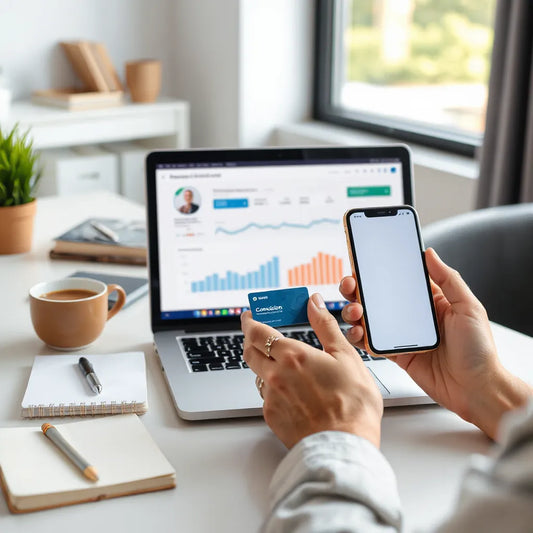 Person reviewing affiliate marketing performance metrics on a laptop and phone at a clean desk