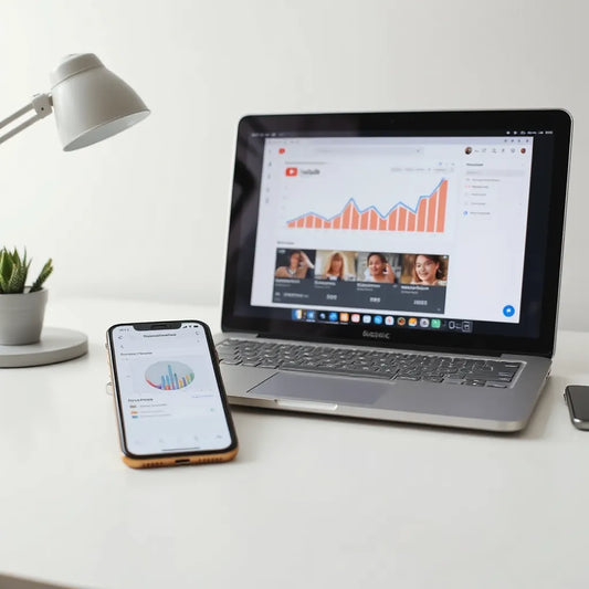 Laptop and smartphone showing simplified traffic analytics graphs for improving YouTube performance