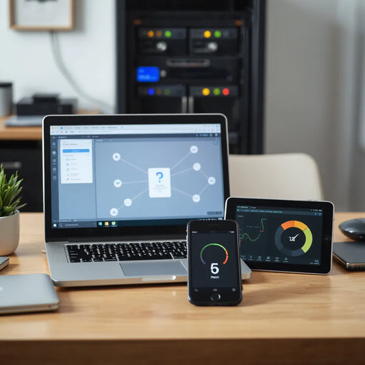 Modern workspace showing connected workflow graphics on devices for faster, streamlined operations