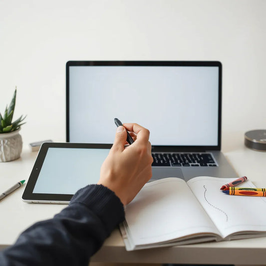 Stylus on a tablet showing clean coloring book page previews next to a laptop and blank book