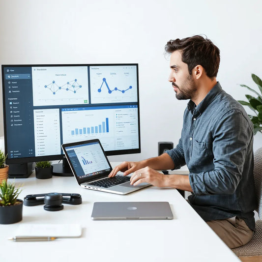 Startup founder reviewing a laptop dashboard with simple AI automation charts and workflow visuals