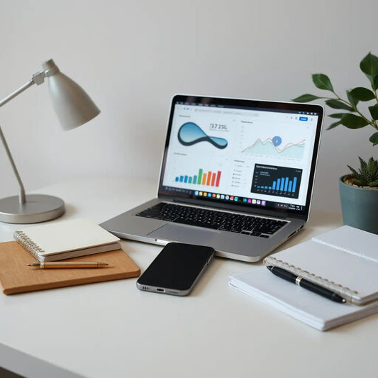 Modern desk with laptop displaying abstract productivity dashboards and AI-inspired glow