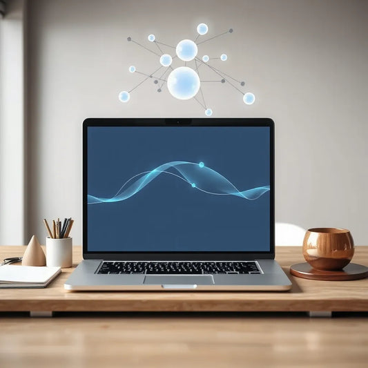 Laptop with abstract AI network visuals and floating connected-node interface